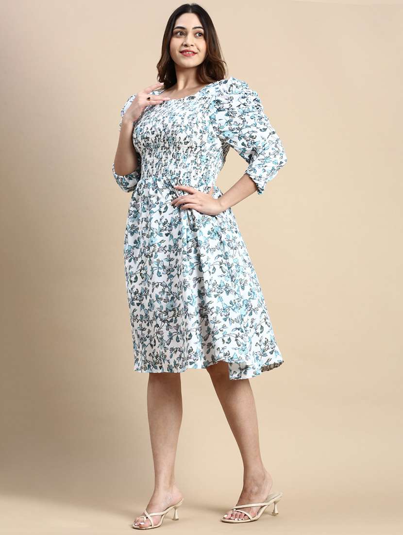 white printed puff sleeves fit & flare dress - 20325660 -  Standard Image - 1