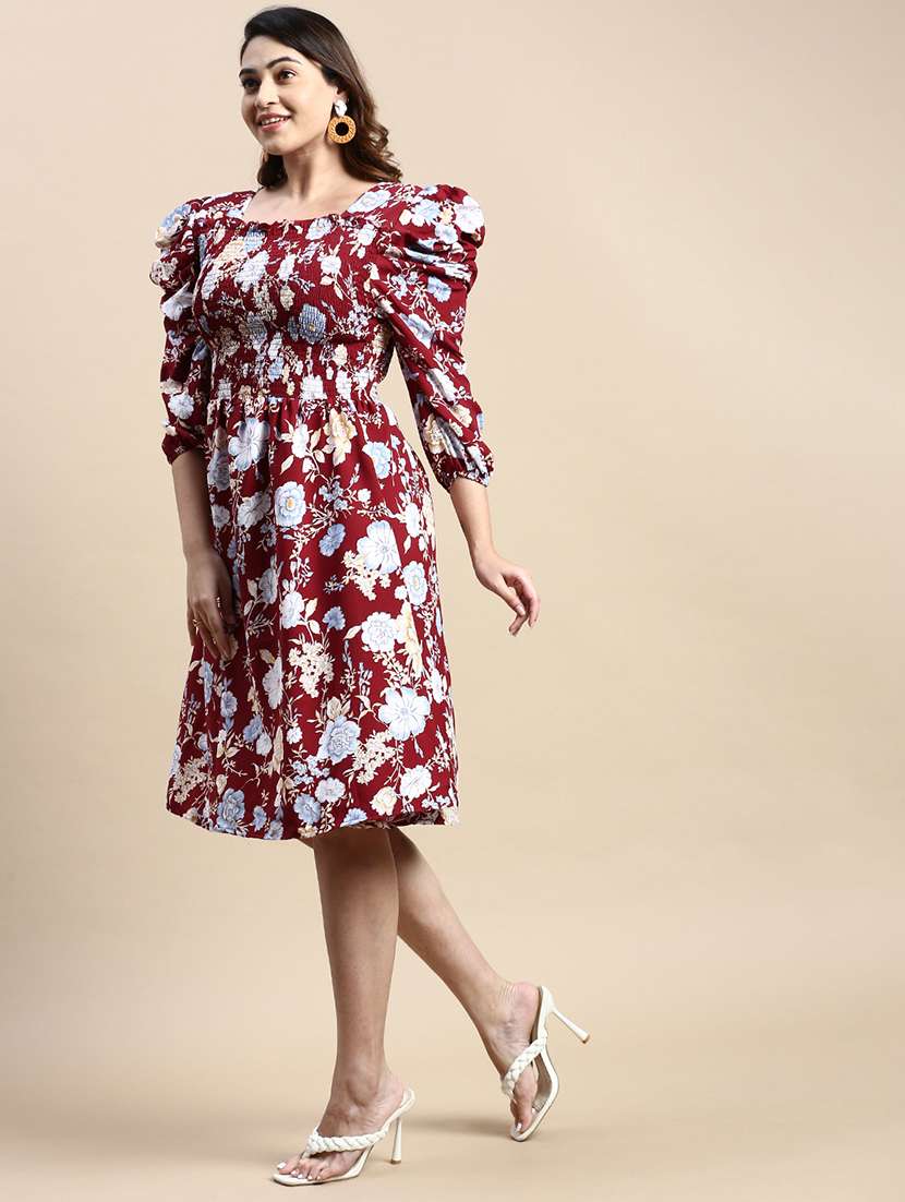 maroon floral fit & flare dress - 20325664 -  Standard Image - 1