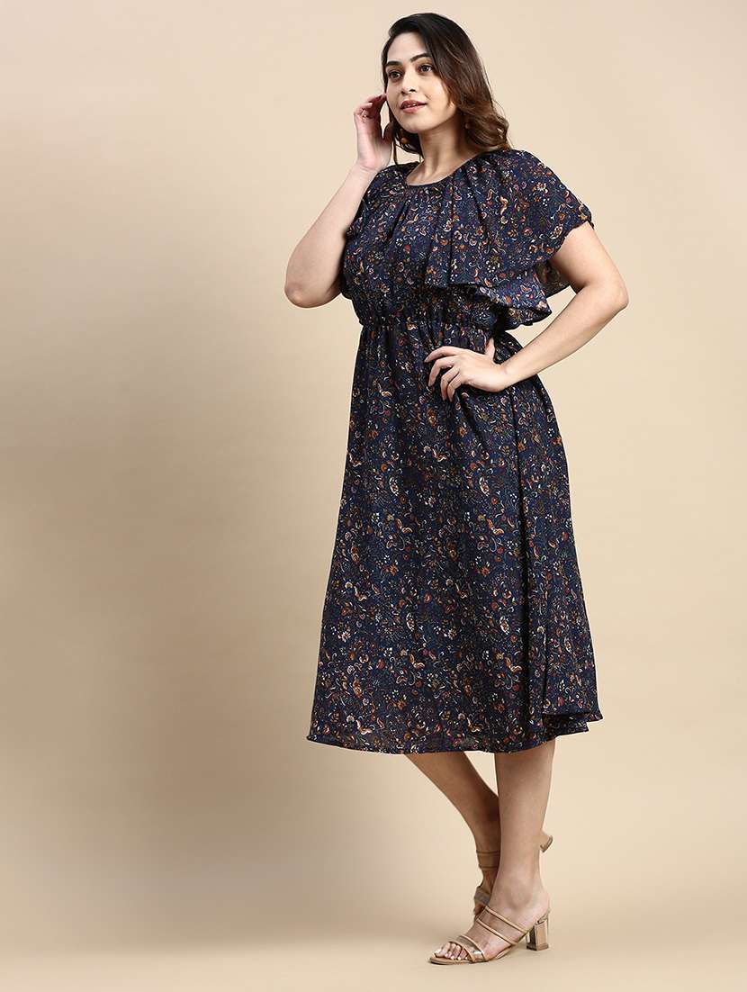 navy blue floral fit & flare dress - 20325674 -  Standard Image - 1