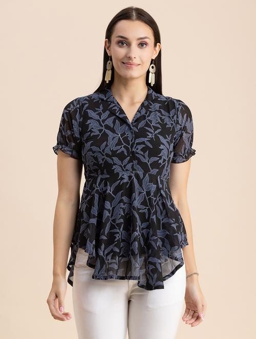 black printed lapel neck peplum top - 20325690 -  Standard Image - 0
