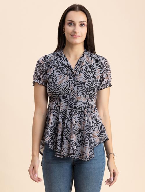 grey printed lapel neck peplum top - 20325691 -  Standard Image - 0