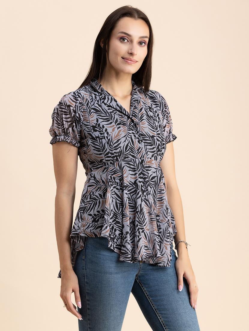 grey printed lapel neck peplum top - 20325691 -  Standard Image - 1
