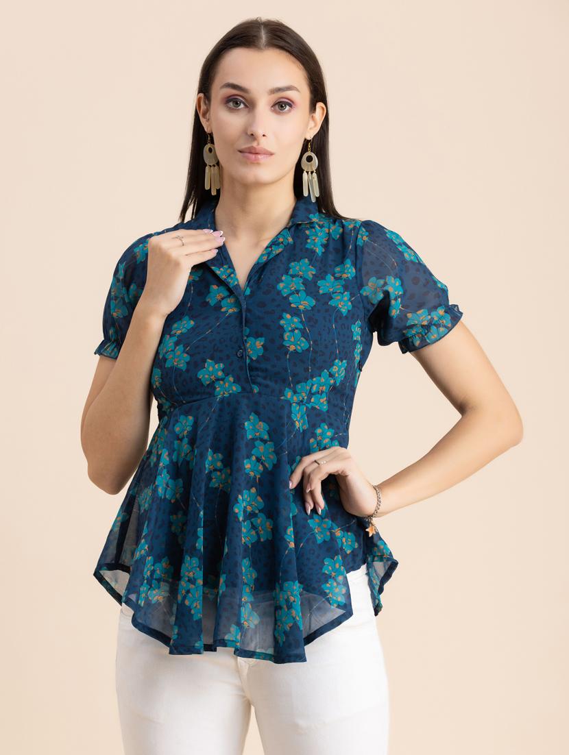 blue floral print lapel neck peplum top - 20325692 - Zoom Image - 0