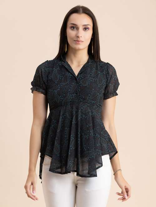 navy blue paisley print peplum top - 20325696 - Standard Image - 0