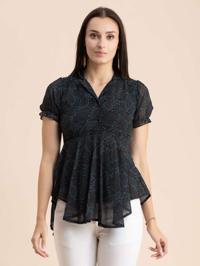 navy blue paisley print peplum top - 20325696 - Zoom Image - 0