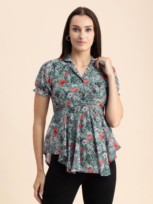 green poly georgette peplum top - 20325698 - Standard Image - 0