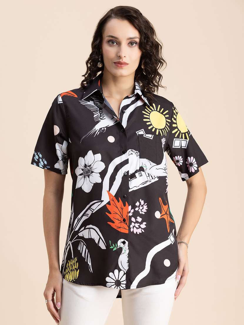 black tropical print regular shirt