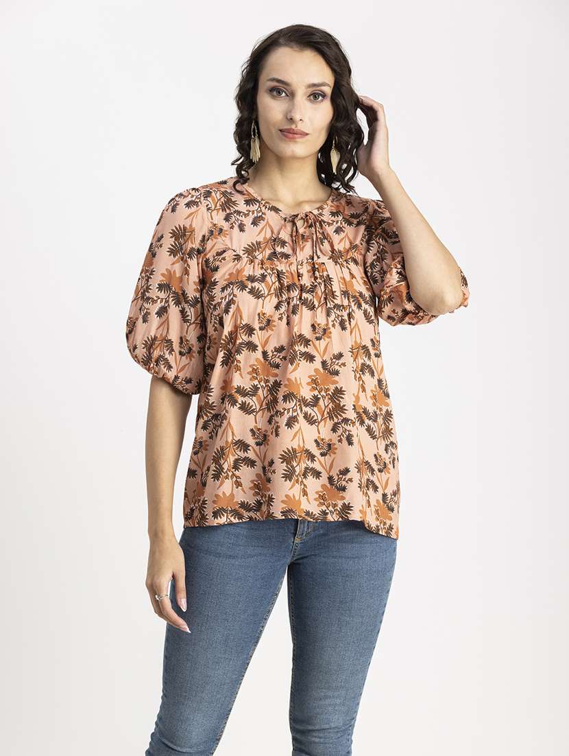 peach printed tie up neck regular top - 20325784 -  Standard Image - 1