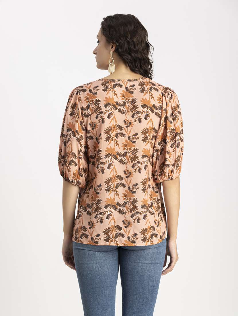 peach printed tie up neck regular top - 20325784 -  Standard Image - 4