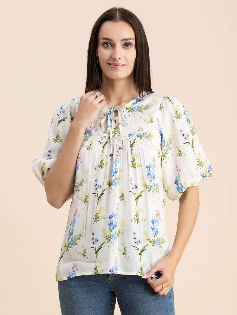 women floral print tie up neck top