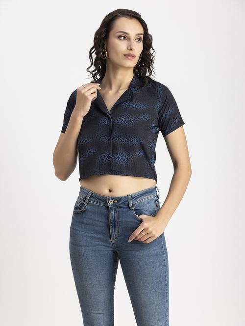 navy blue animal print crop shirt - 20325804 -  Standard Image - 0