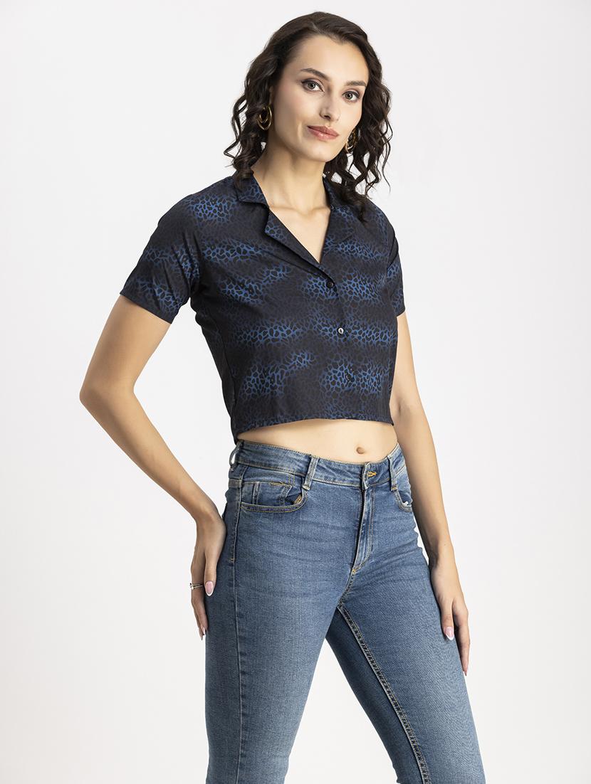 navy blue animal print crop shirt - 20325804 -  Standard Image - 1