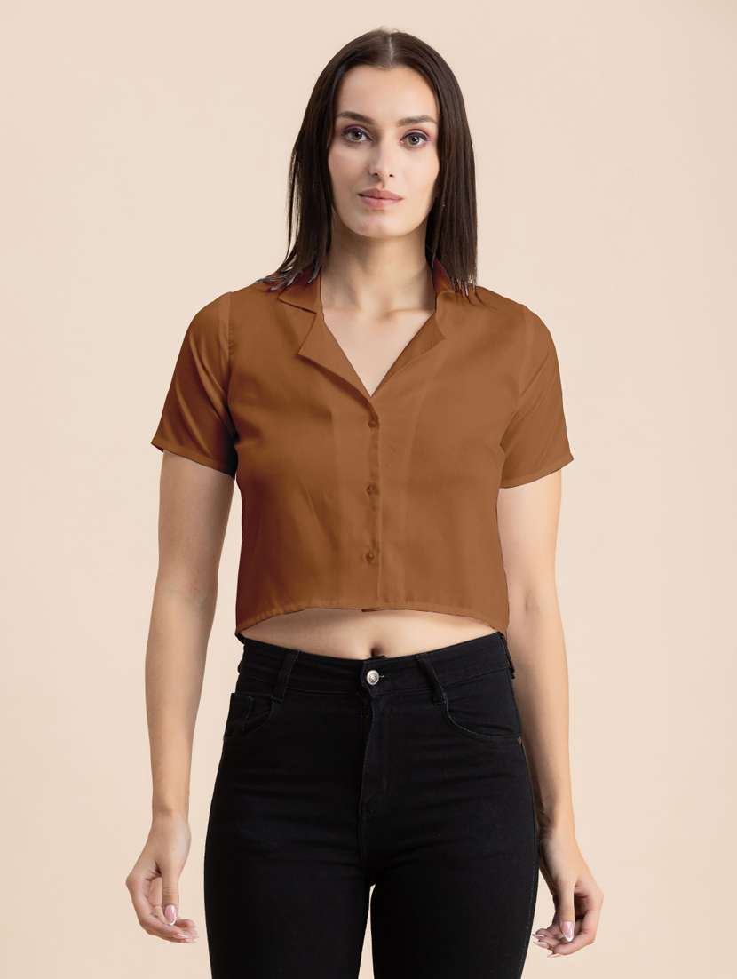 brown solid lapel neck crop top - 20325805 -  Zoom Image - 0