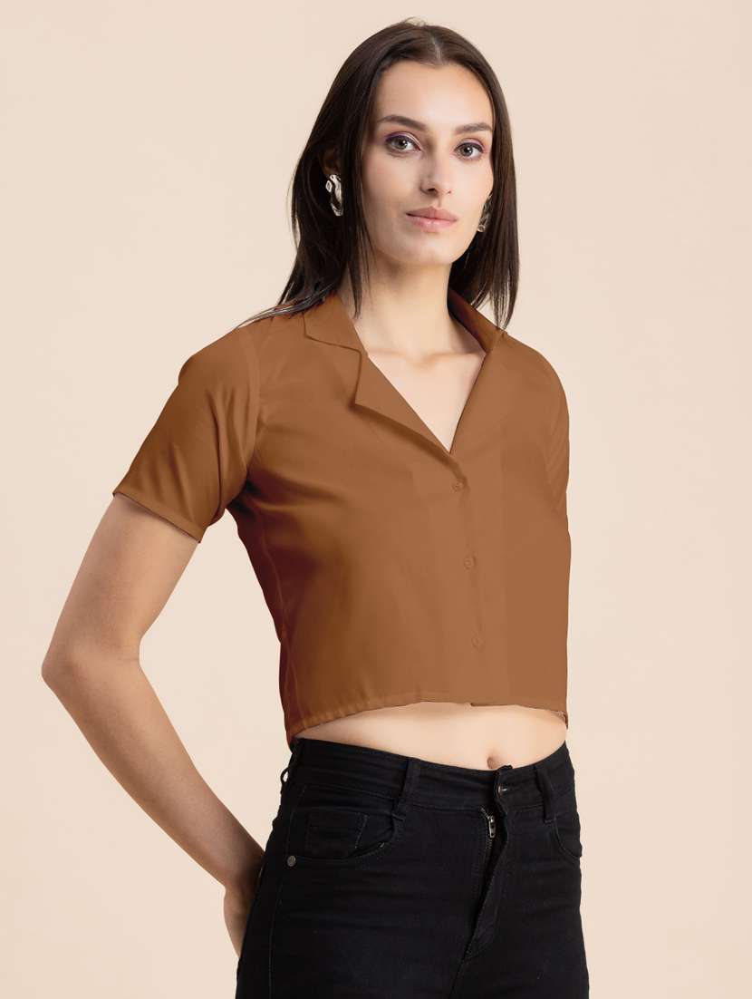 brown solid lapel neck crop top - 20325805 -  Standard Image - 1