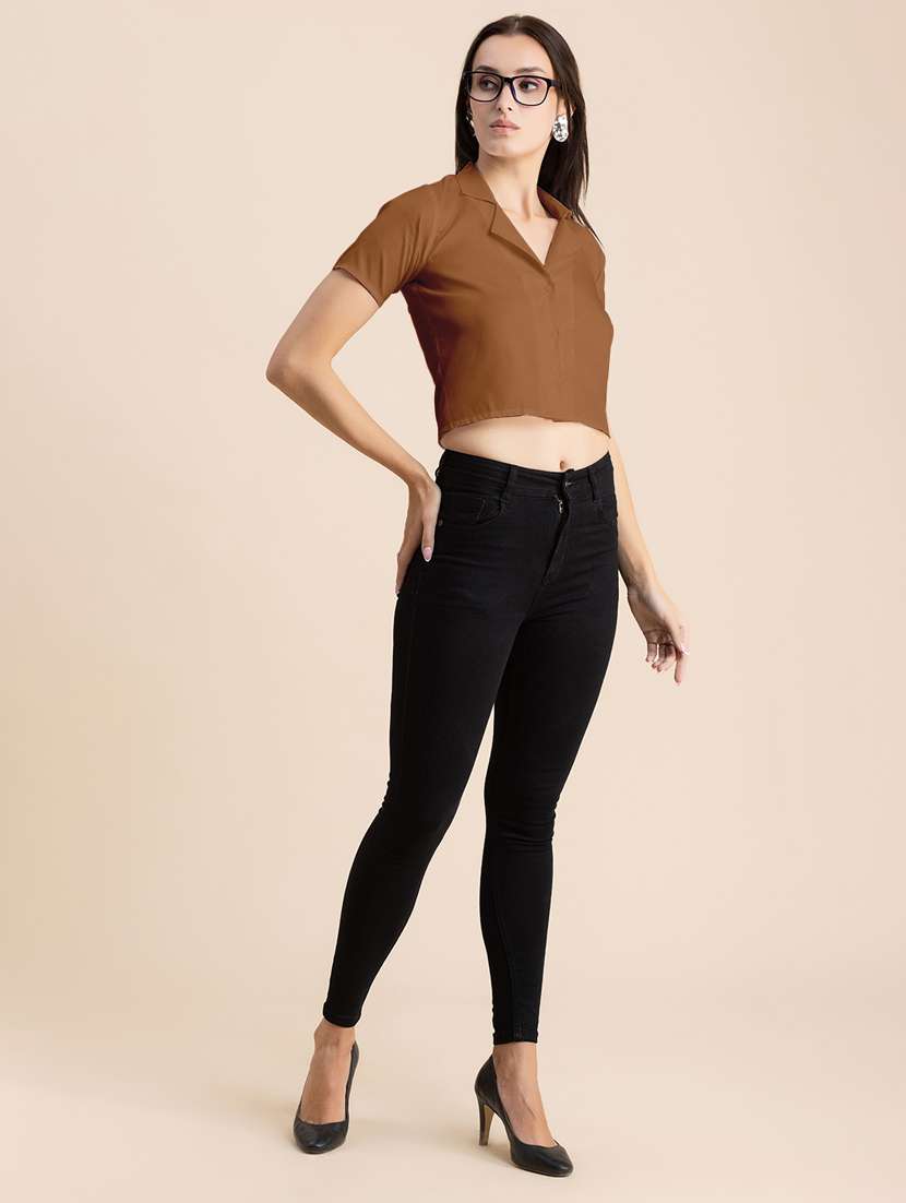 brown solid lapel neck crop top - 20325805 - Standard Image - 4