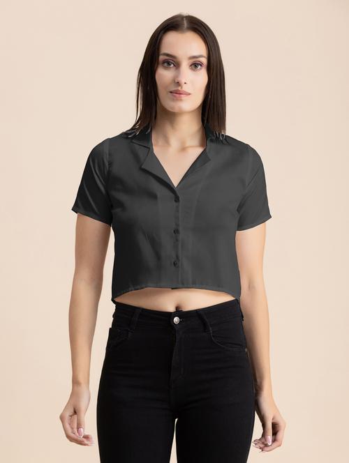 grey solid lapel neck crop top - 20325806 -  Standard Image - 0