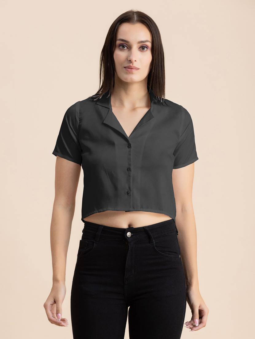 grey solid lapel neck crop top - 20325806 -  Zoom Image - 0