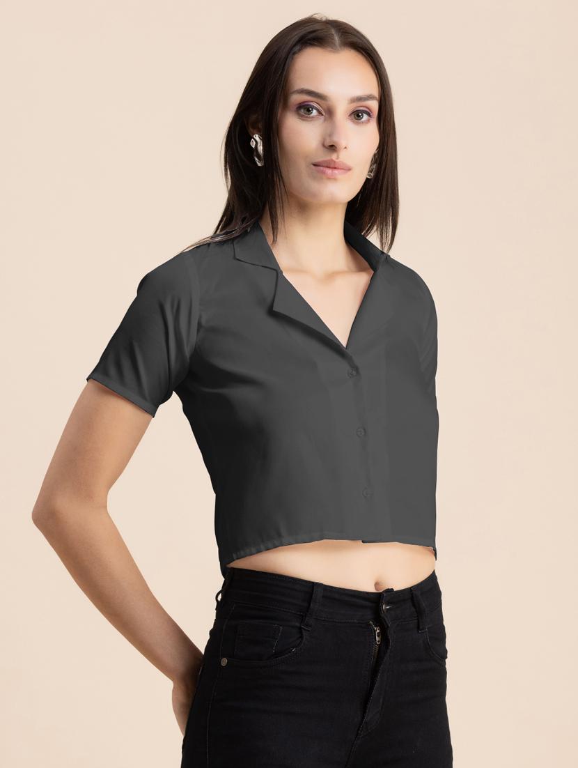grey solid lapel neck crop top - 20325806 -  Standard Image - 1