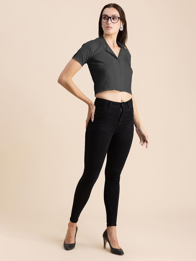 grey solid lapel neck crop top - 20325806 - Standard Image - 4