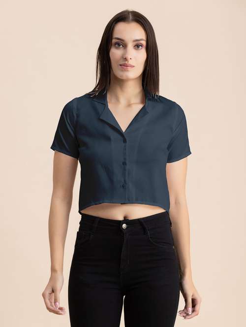 navy blue solid lapel neck crop top - 20325807 - Standard Image - 0