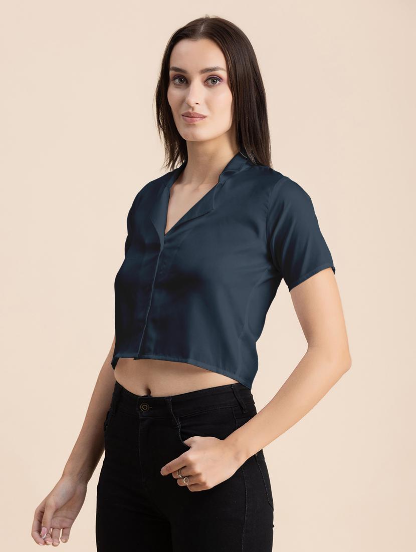 navy blue solid lapel neck crop top - 20325807 - Standard Image - 1