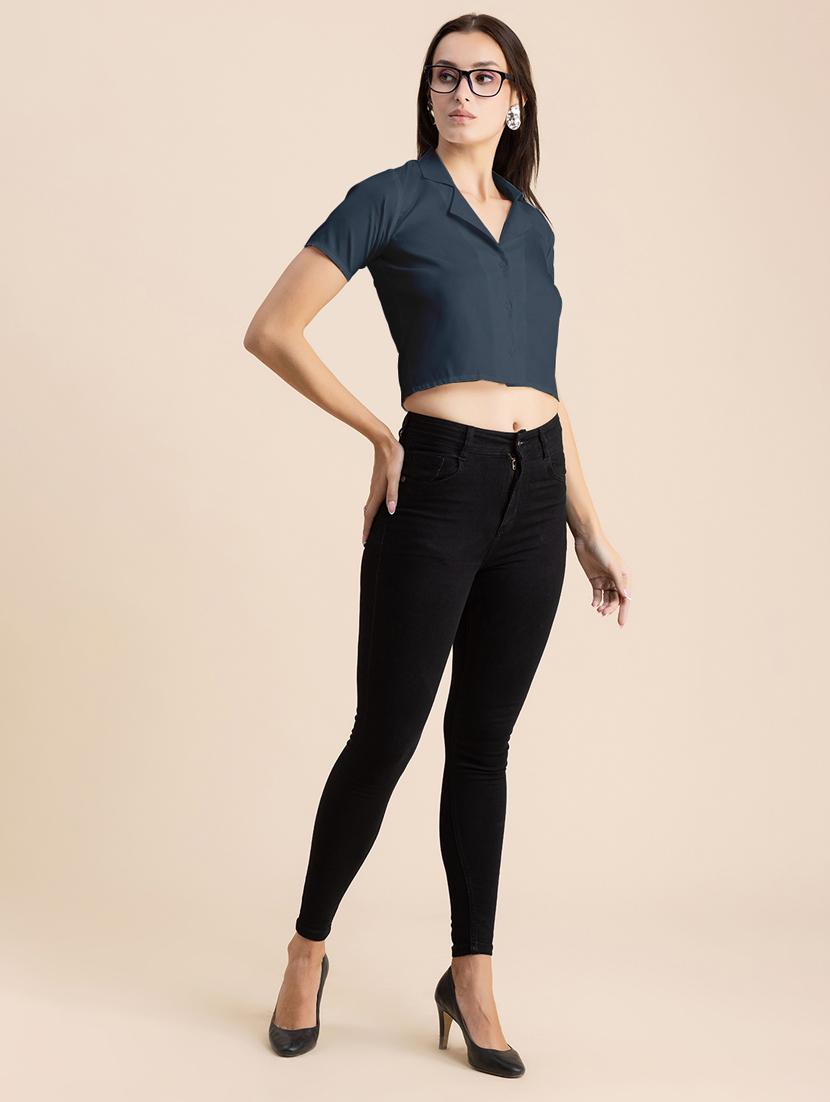 navy blue solid lapel neck crop top - 20325807 - Standard Image - 4