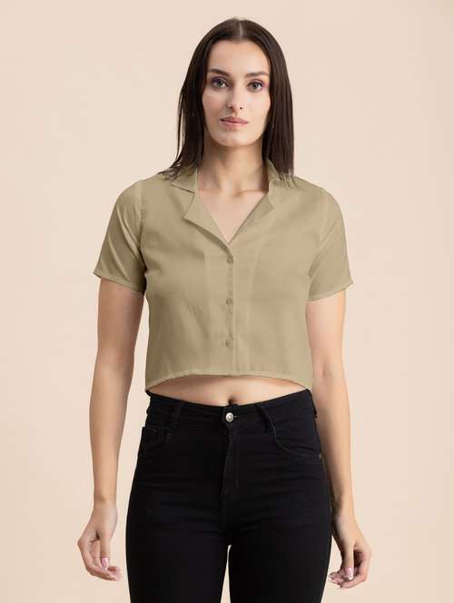 beige solid lapel neck crop top - 20325808 -  Standard Image - 0