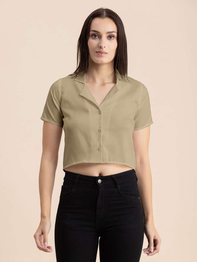 beige solid lapel neck crop top