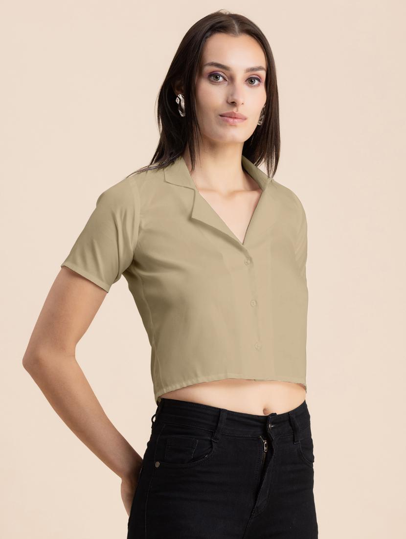 beige solid lapel neck crop top - 20325808 - Standard Image - 1