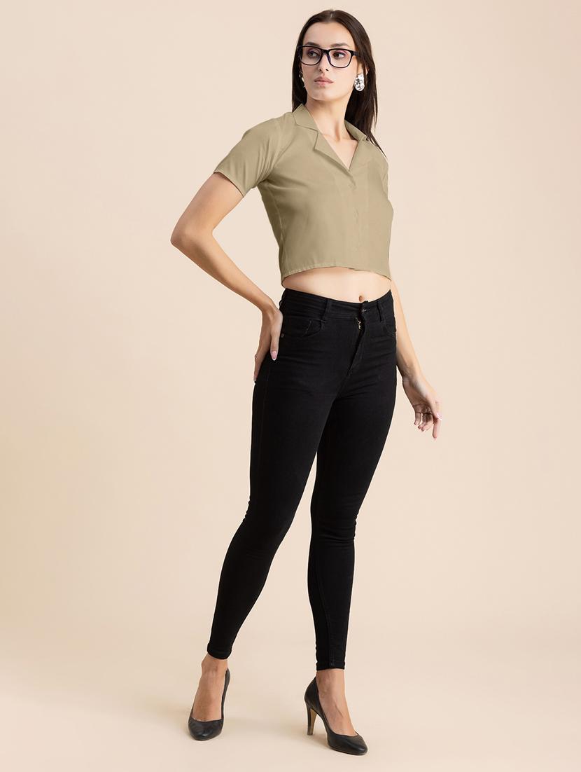 beige solid lapel neck crop top - 20325808 - Standard Image - 4