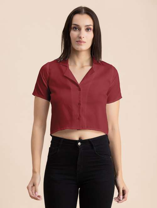 maroon solid lapel neck crop top - 20325809 -  Standard Image - 0