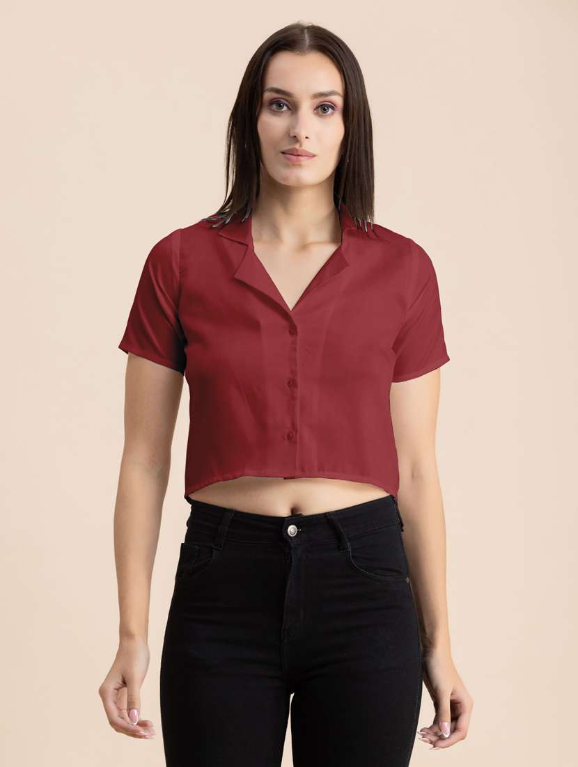 maroon solid lapel neck crop top