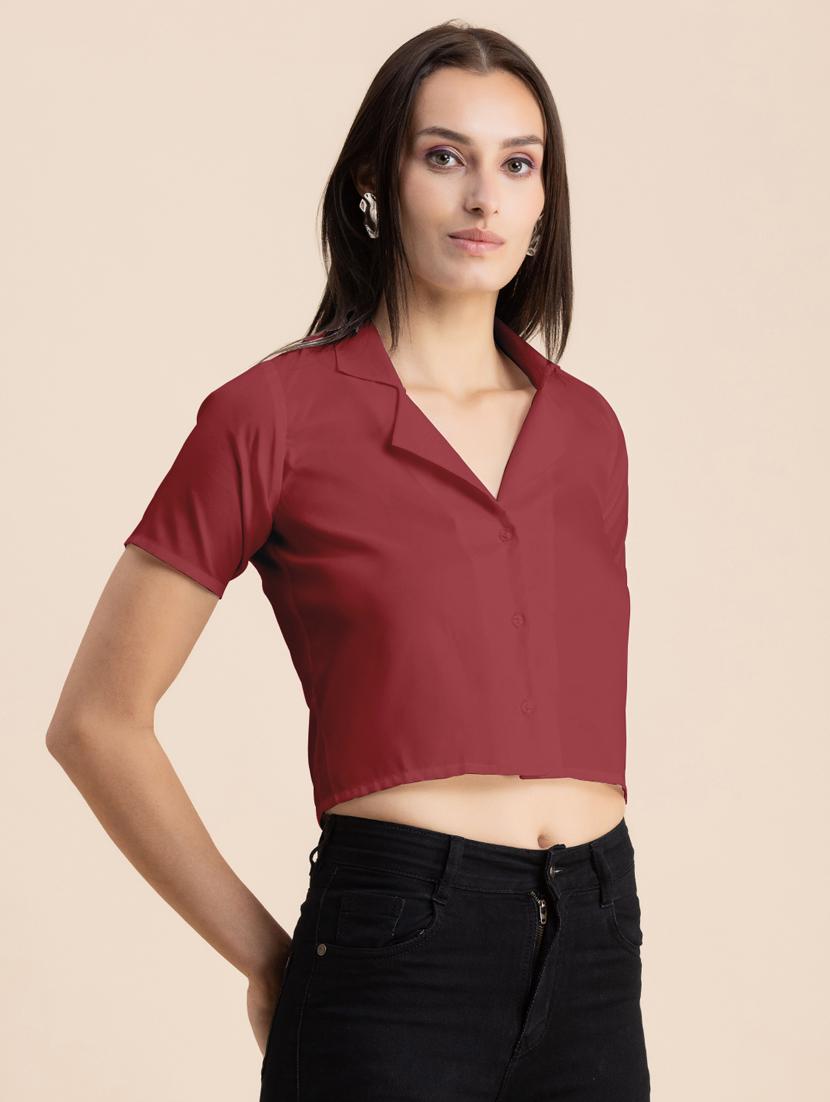 maroon solid lapel neck crop top - 20325809 - Standard Image - 1