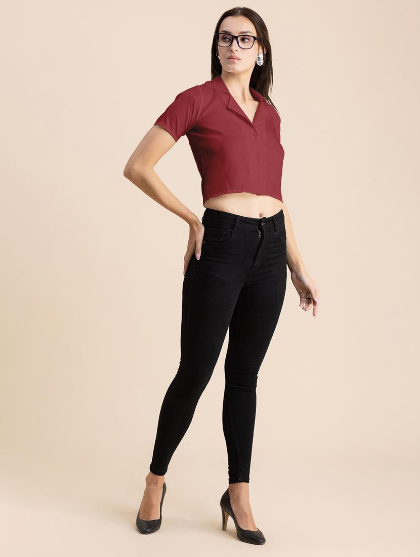 maroon solid lapel neck crop top - 20325809 - Standard Image - 4
