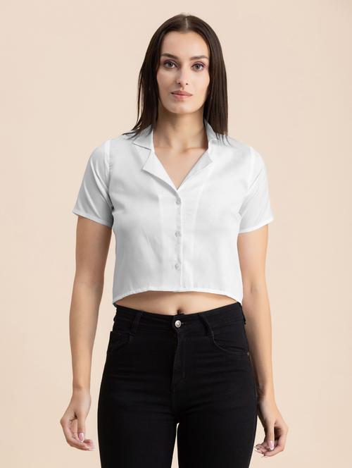 white solid lapel neck crop top - 20325810 -  Standard Image - 0