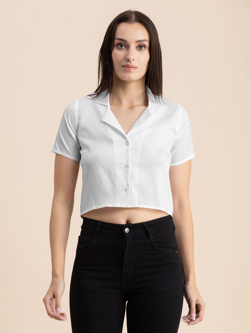 white solid lapel neck crop top - 20325810 -  Zoom Image - 0