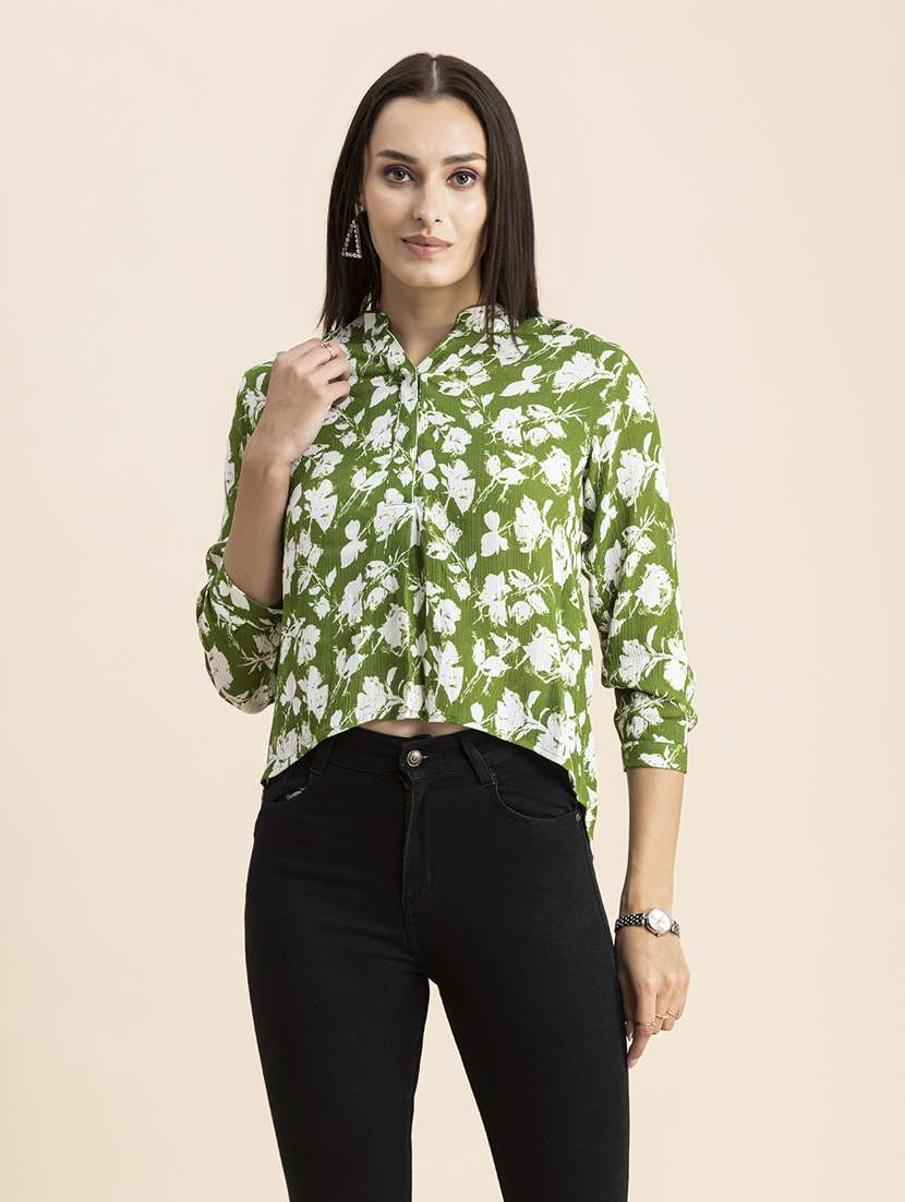 women printed mandarin neck high low top 