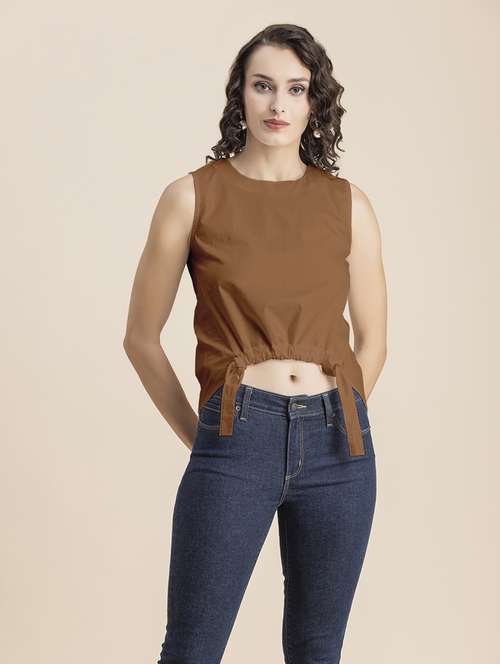brown solid sleeveless crop top - 20325818 -  Standard Image - 0