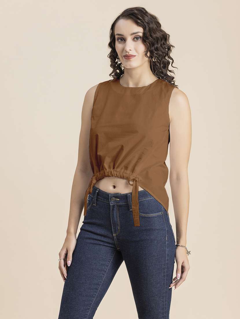 brown solid sleeveless crop top - 20325818 -  Standard Image - 1