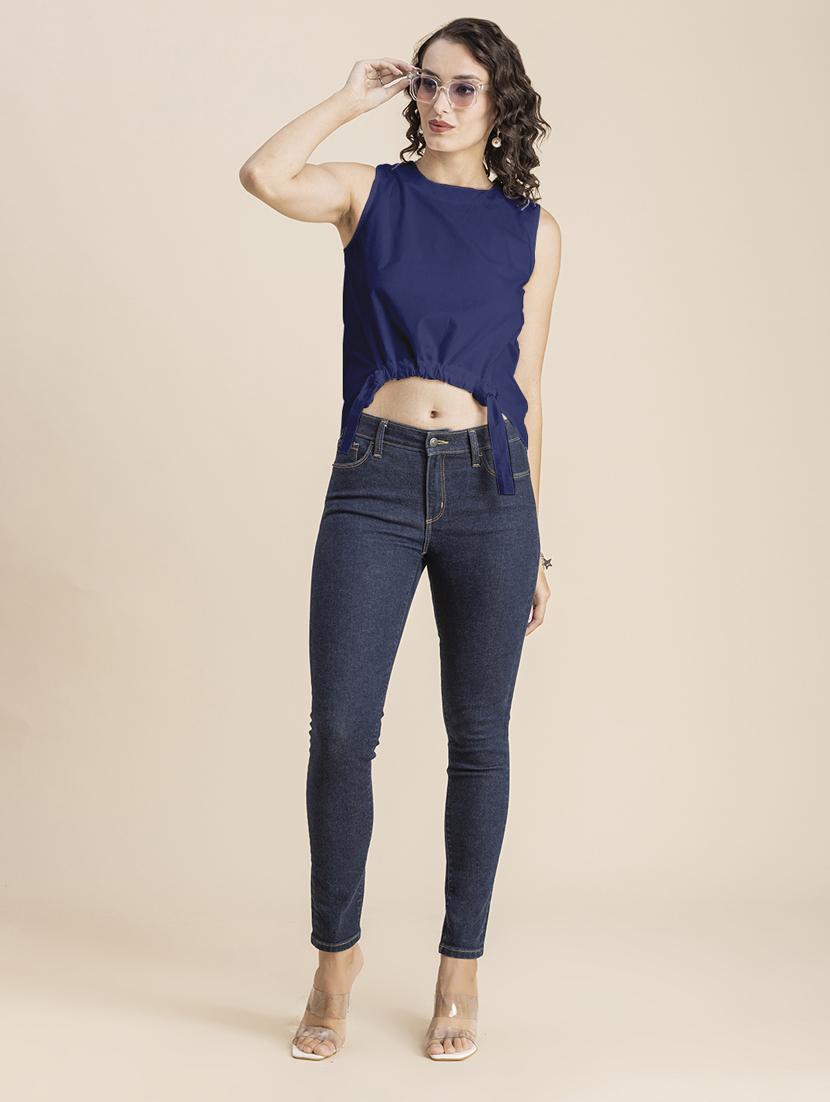 navy blue solid sleeveless crop top - 20325820 - Standard Image - 4