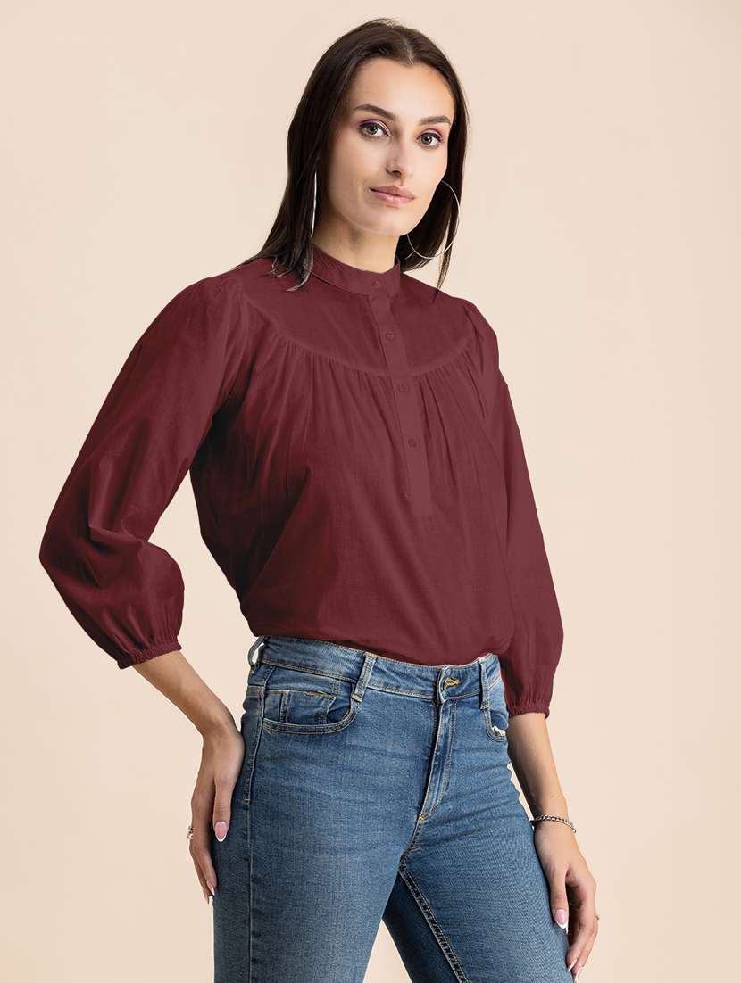 maroon solid puff sleeves regular top - 20325825 -  Standard Image - 1