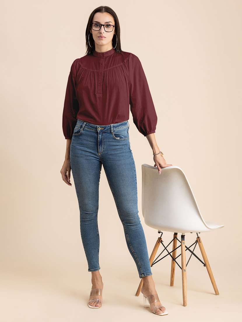 maroon solid puff sleeves regular top - 20325825 -  Standard Image - 4