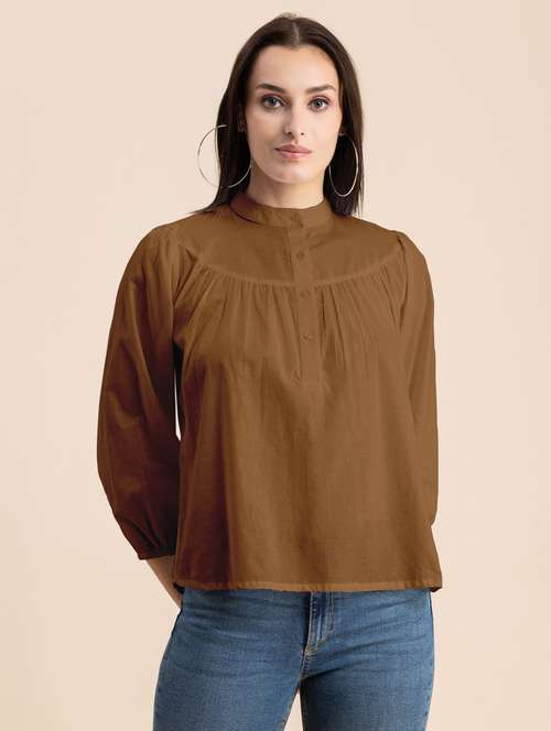 brown solid puff sleeves regular top - 20325826 -  Standard Image - 0