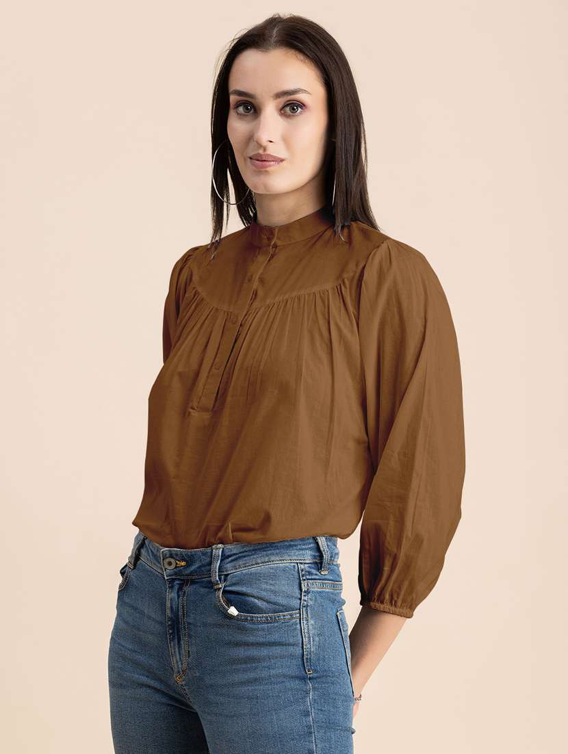 brown solid puff sleeves regular top - 20325826 -  Standard Image - 1