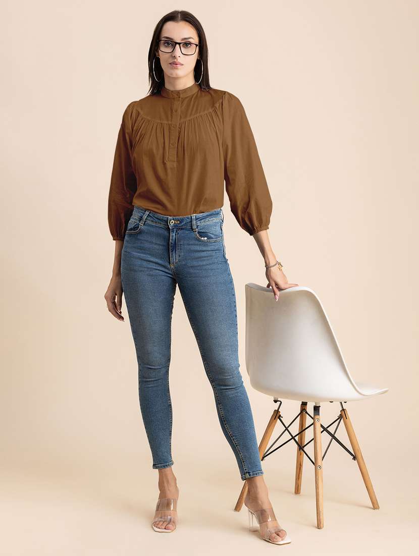 brown solid puff sleeves regular top - 20325826 - Standard Image - 4