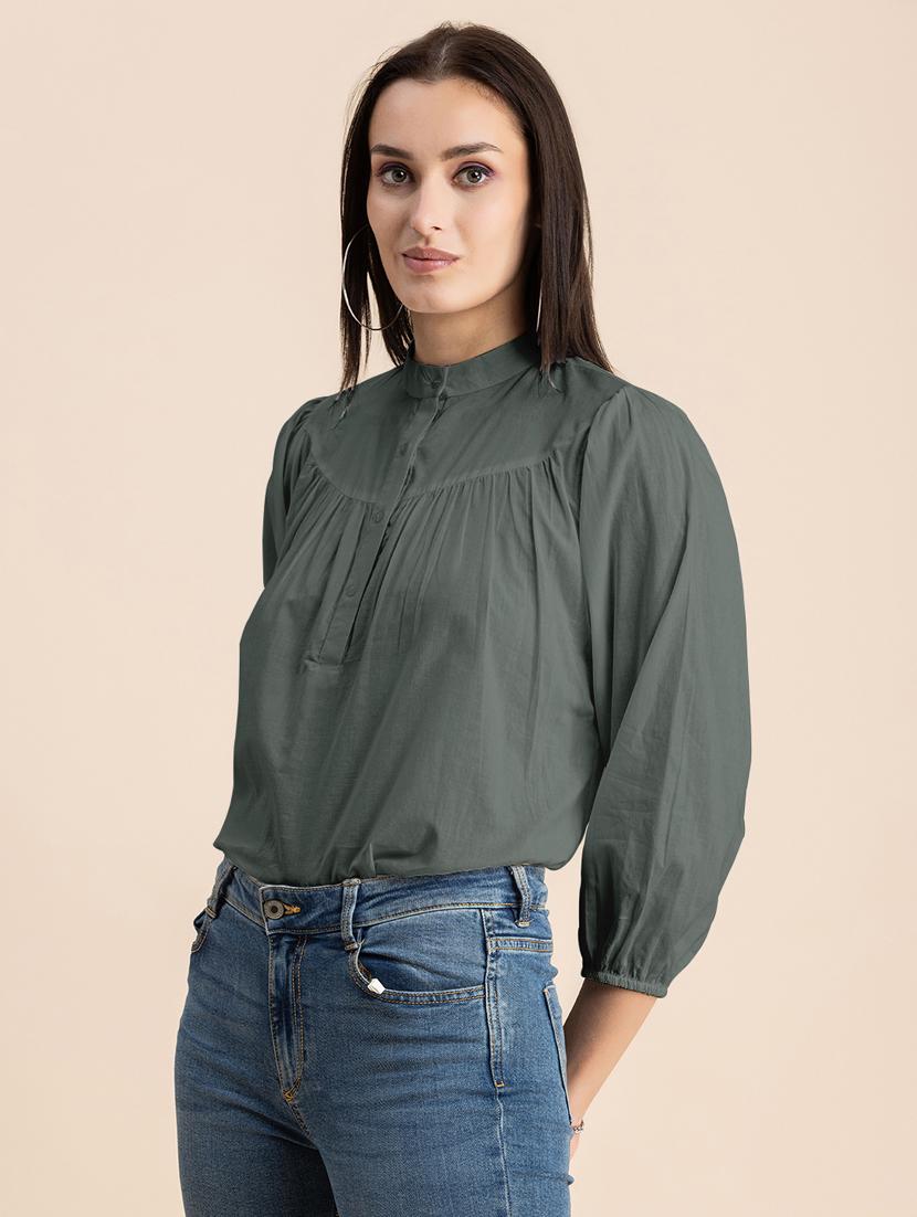grey solid puff sleeves regular top - 20325828 - Standard Image - 1