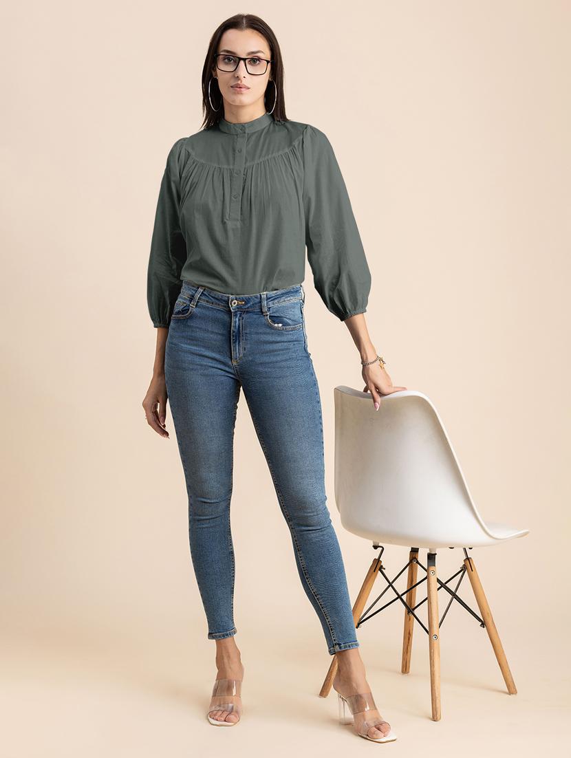 grey solid puff sleeves regular top - 20325828 - Standard Image - 4