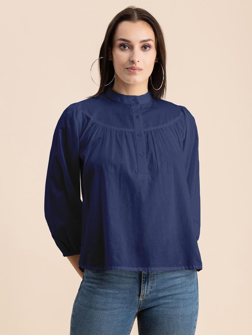 navy blue solid puff sleeves regular top - 20325829 - Zoom Image - 0