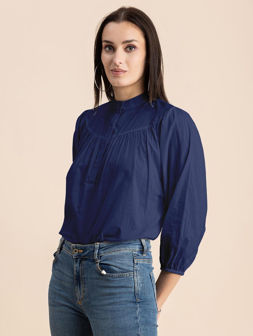 navy blue solid puff sleeves regular top - 20325829 - Standard Image - 1