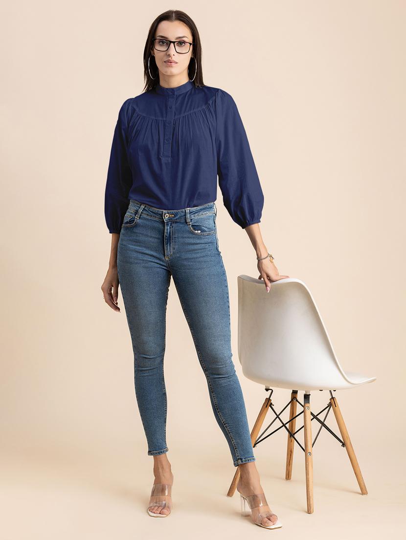 navy blue solid puff sleeves regular top - 20325829 - Standard Image - 4